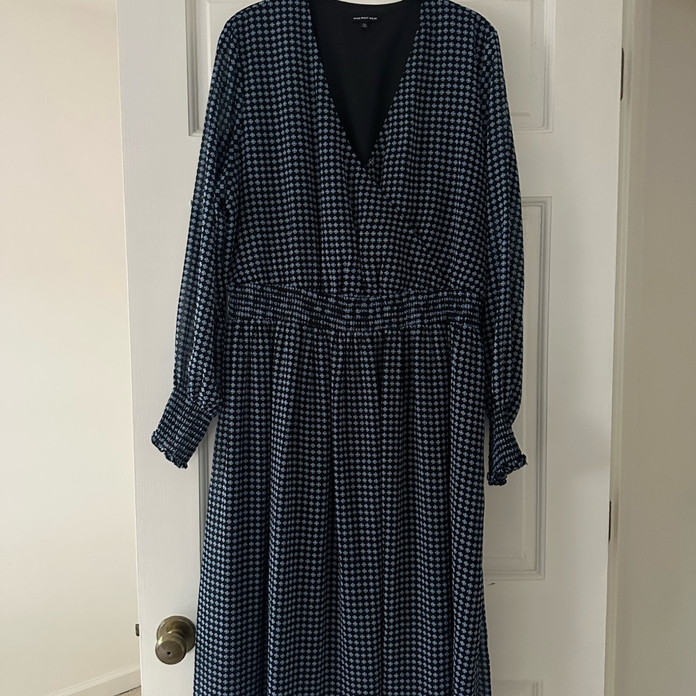 Who What Wear Blue and White Dress Faux Wrap with Smocking